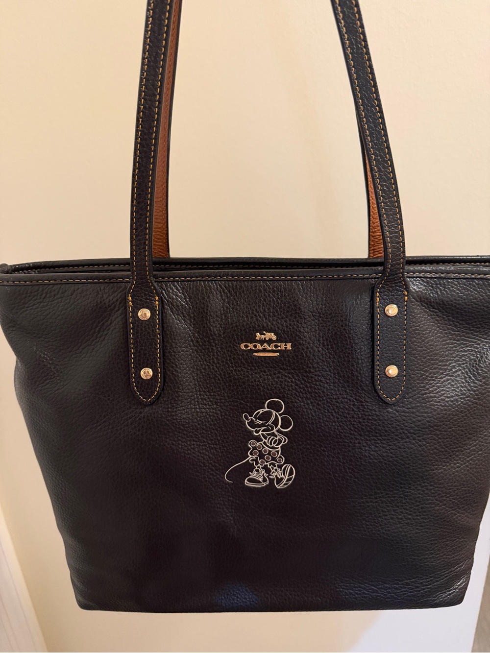 Coach Black Leather Tote with White Mickey Outline and Gold Hardware